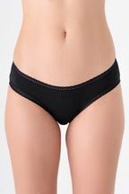 Women's organic cotton lace briefs in black, front view on model