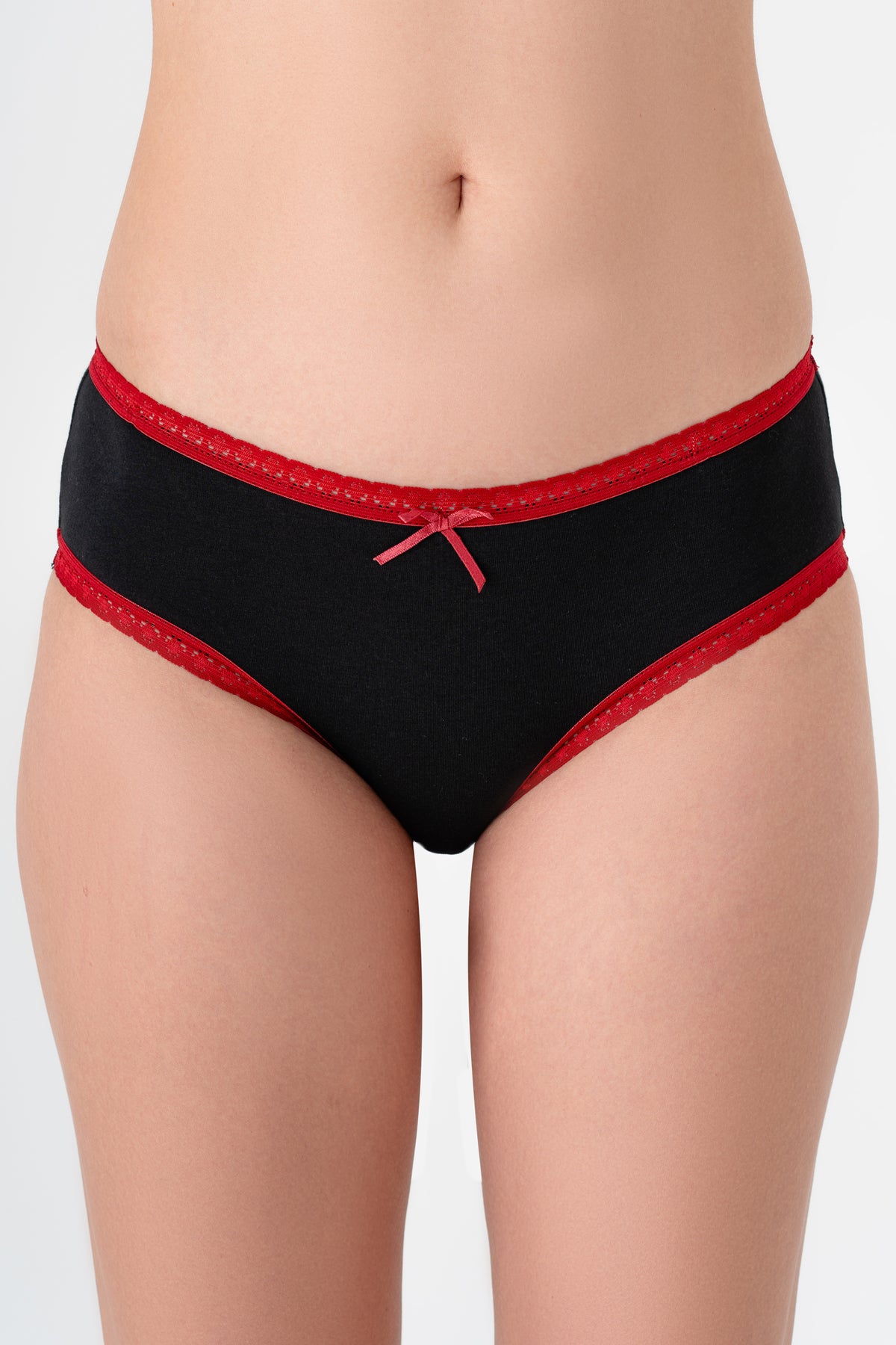 Women's organic cotton hipster in black with red lace trim and bow, front view on model