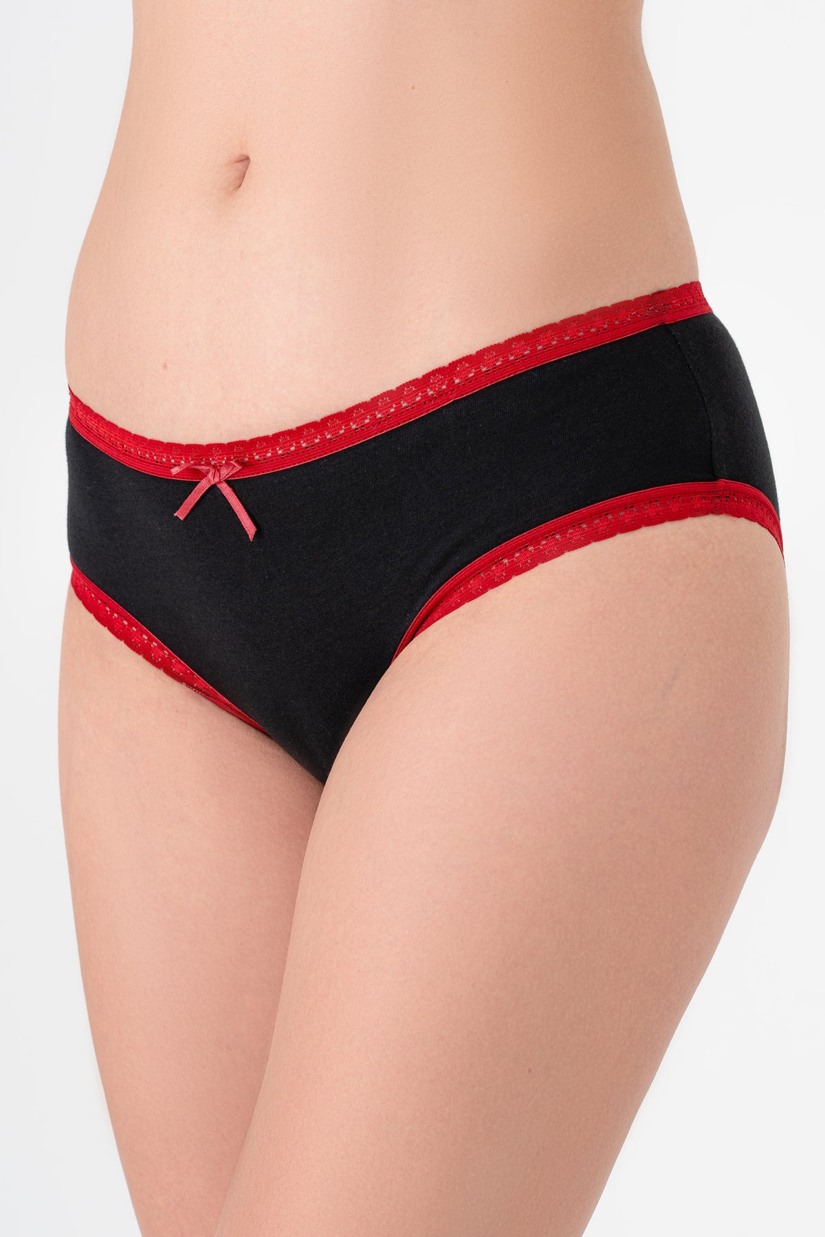 Women's organic cotton hipster in black with red lace trim and bow, side view on model