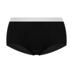 Women's organic cotton boyshorts in black with grey waistband, laid flat, front
