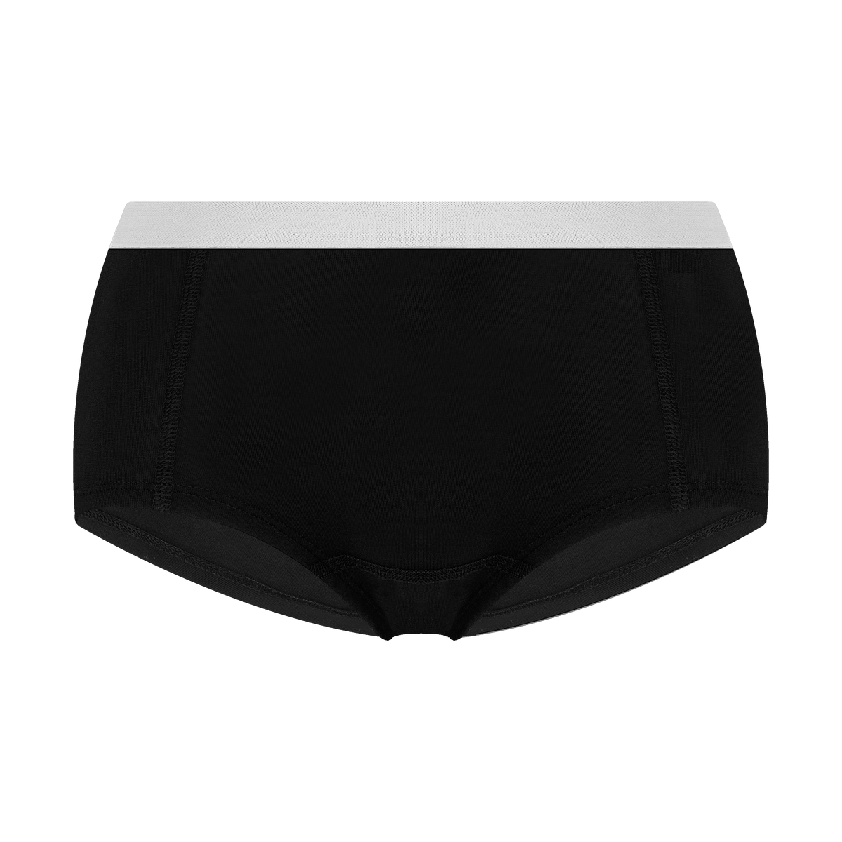 Women's organic cotton boyshorts in black with grey waistband, laid flat, front