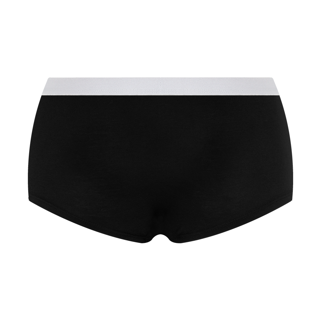 Women's organic cotton boyshorts in black with grey waistband, laid flat, back