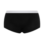 Women's organic cotton boyshorts in black with grey waistband, laid flat, back