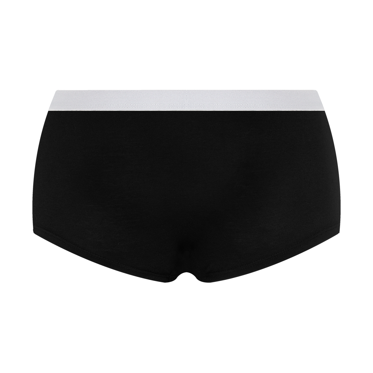 Women's organic cotton boyshorts in black with grey waistband, laid flat, back