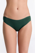 Women's classic organic cotton briefs in Dark Green, front view on model