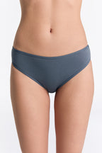 Women's classic organic cotton briefs in Dark Slate, front view on model