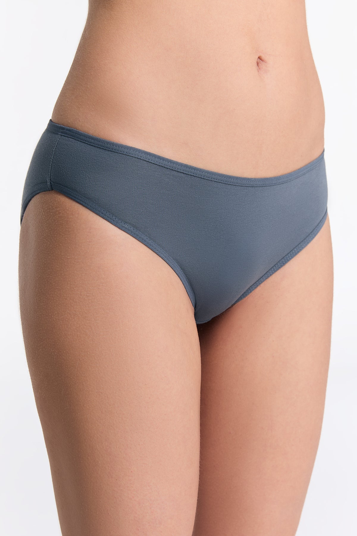 Women's classic organic cotton briefs in Dark Slate, side view on model