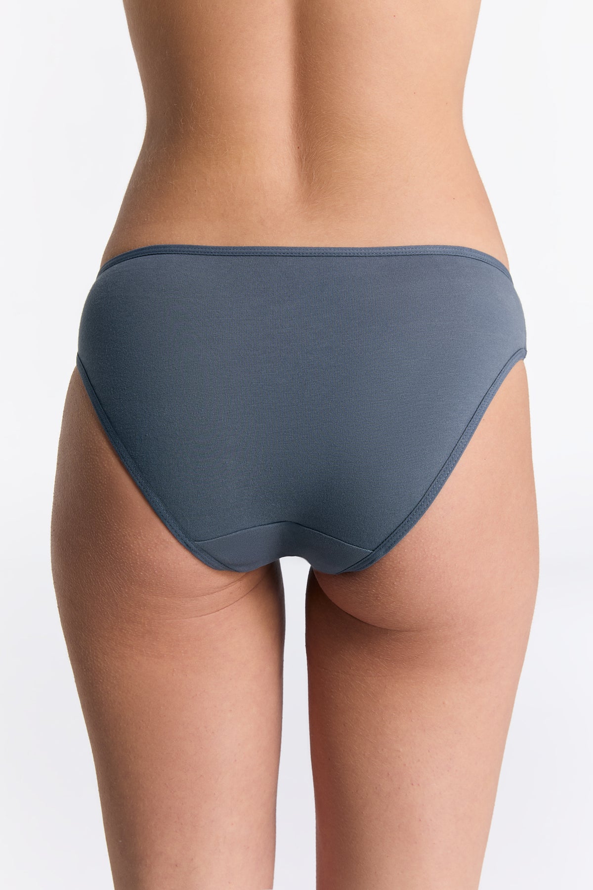 Women's classic organic cotton briefs in Dark Slate, back view on model