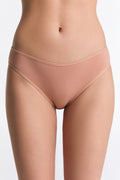 Women's classic organic cotton briefs in Café Crema, front view on model