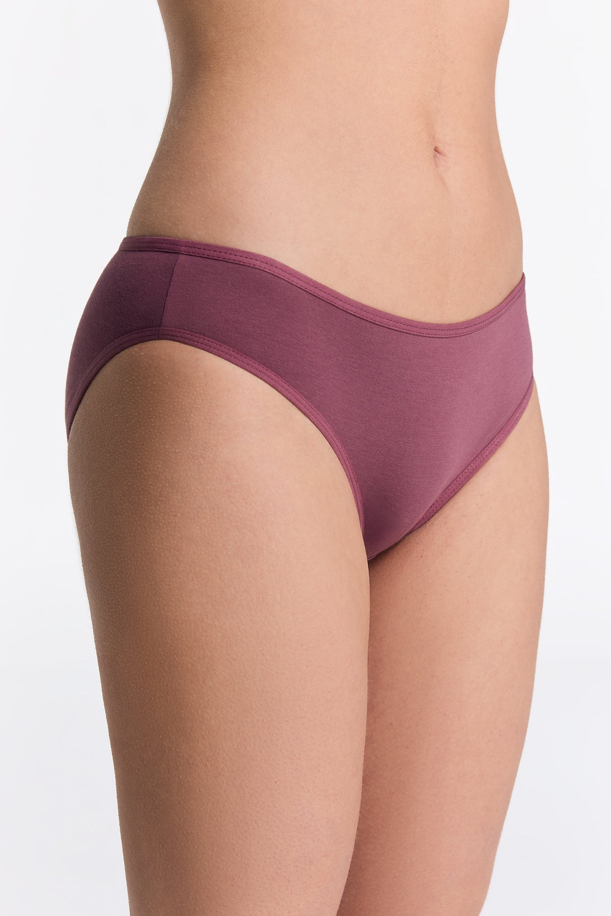 Women's classic organic cotton briefs in Nocturne, side view on model
