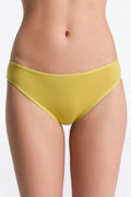 Women's classic organic cotton briefs in lime, front view on model