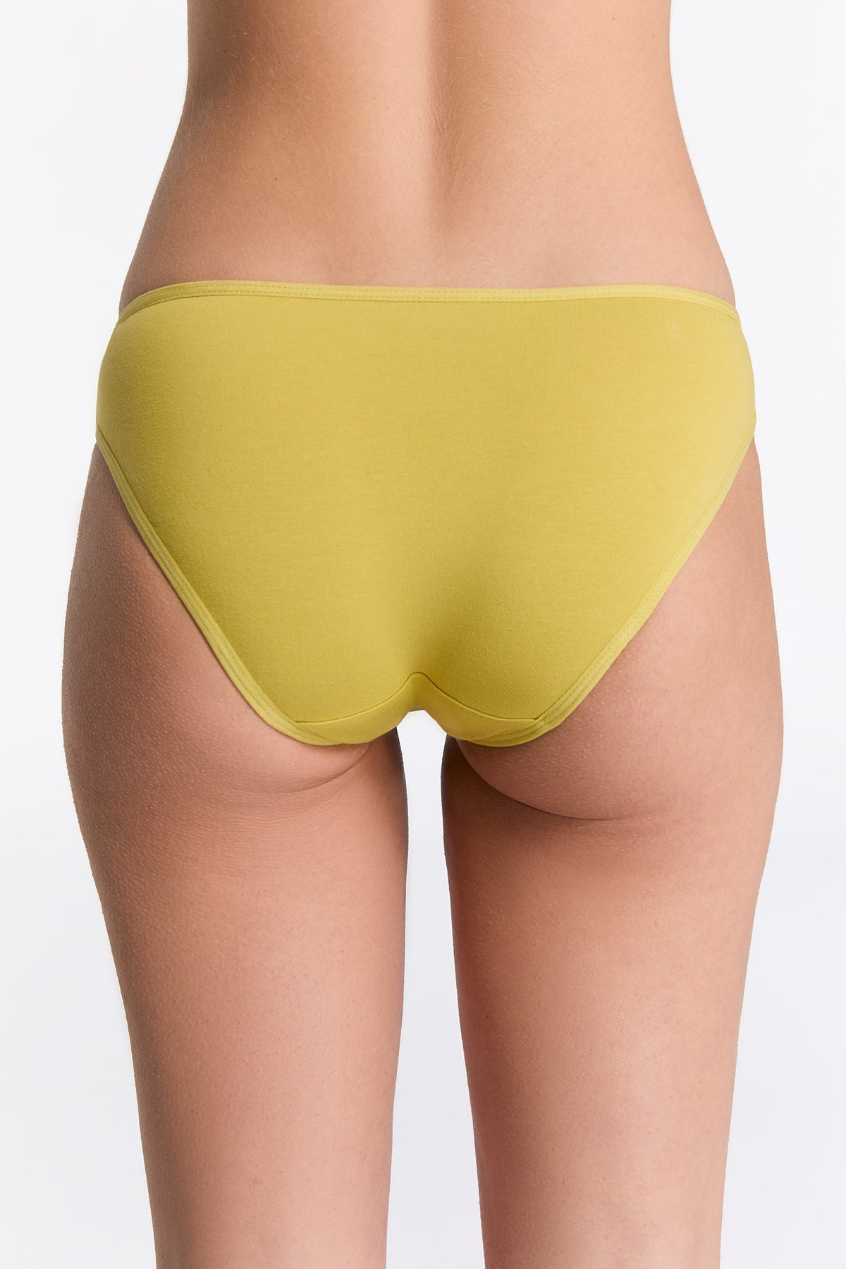 Women's classic organic cotton briefs in lime, back view on model