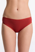 Women's classic organic cotton briefs in red, front view on model