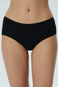 Women's organic cotton hipster with lace waistband in black, front view on model