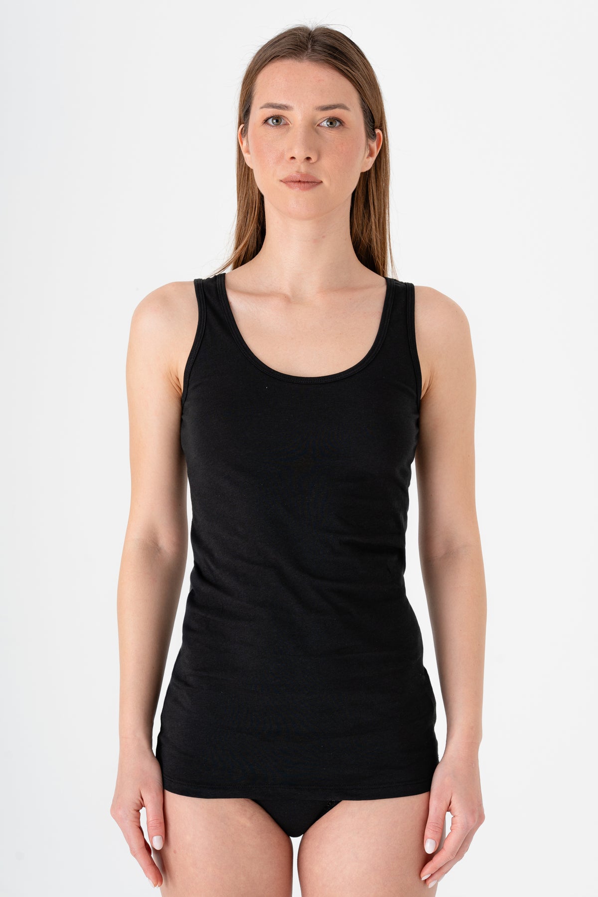 Women's organic cotton tank top in black, front view on model