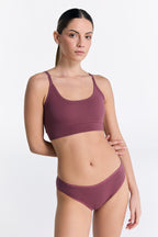 Women's classic organic cotton briefs in Nocturne, worn with the matching organic cotton bralette, front view
