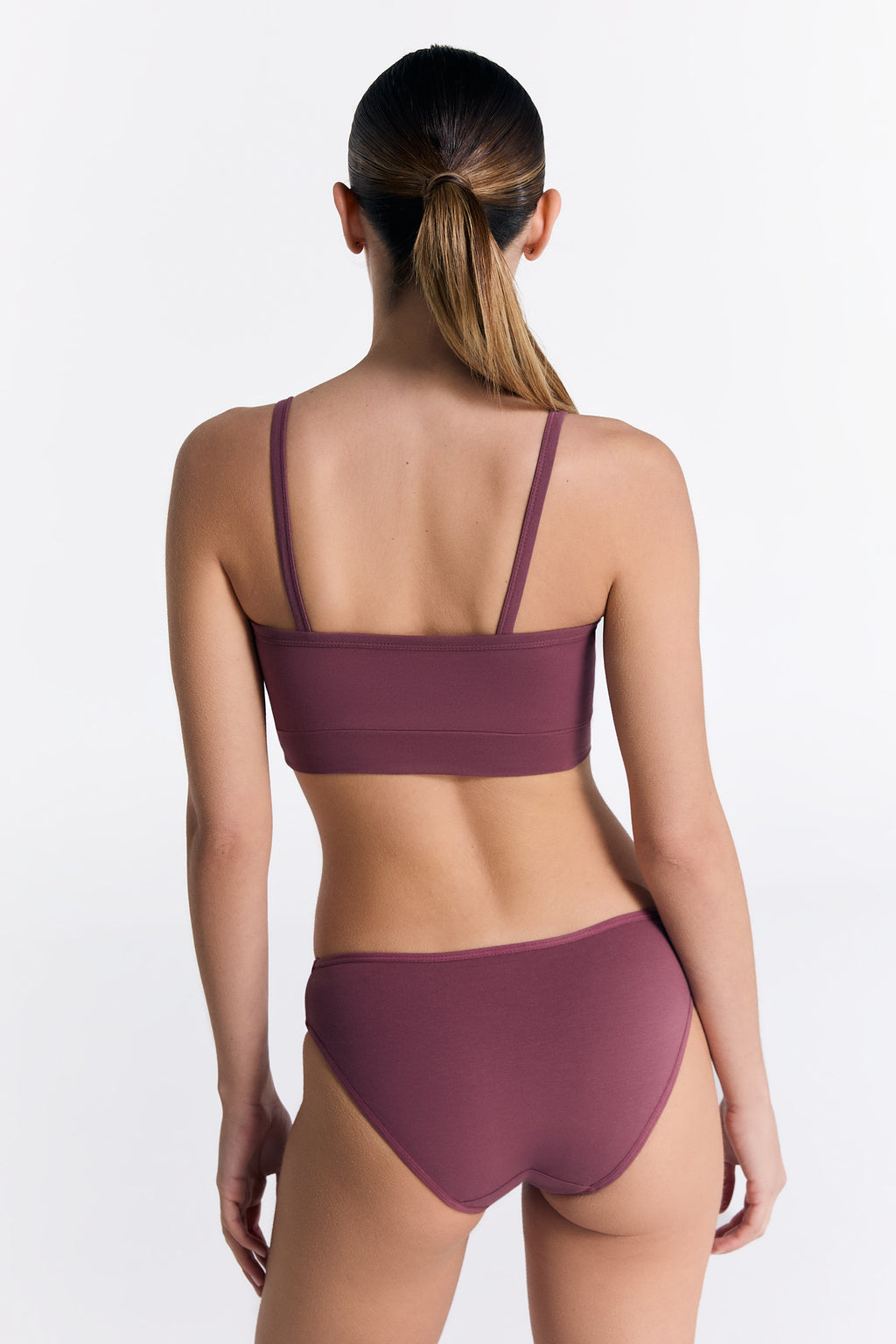 Women's classic organic cotton briefs in Nocturne, worn with the matching organic cotton bralette, back view
