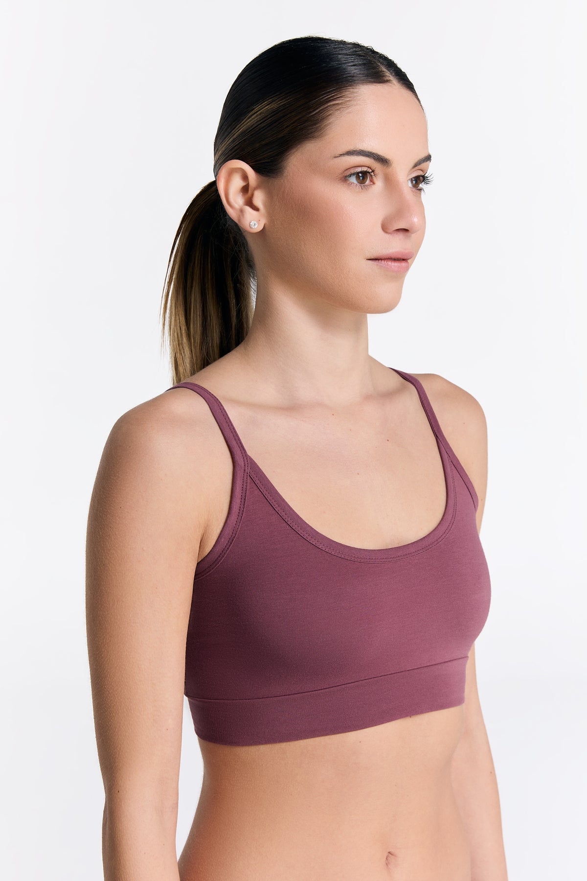 Women's organic cotton bralette in Nocturne, side view on model