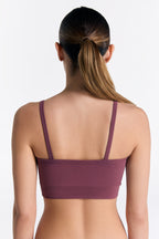 Women's organic cotton bralette in Nocturne, back view on model