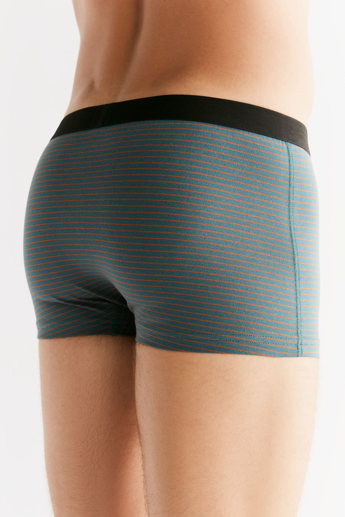 Men's organic cotton trunks in Fir Tabasco, back three-quarter view on model