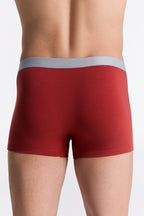 Men's organic cotton trunks in red, back view on model