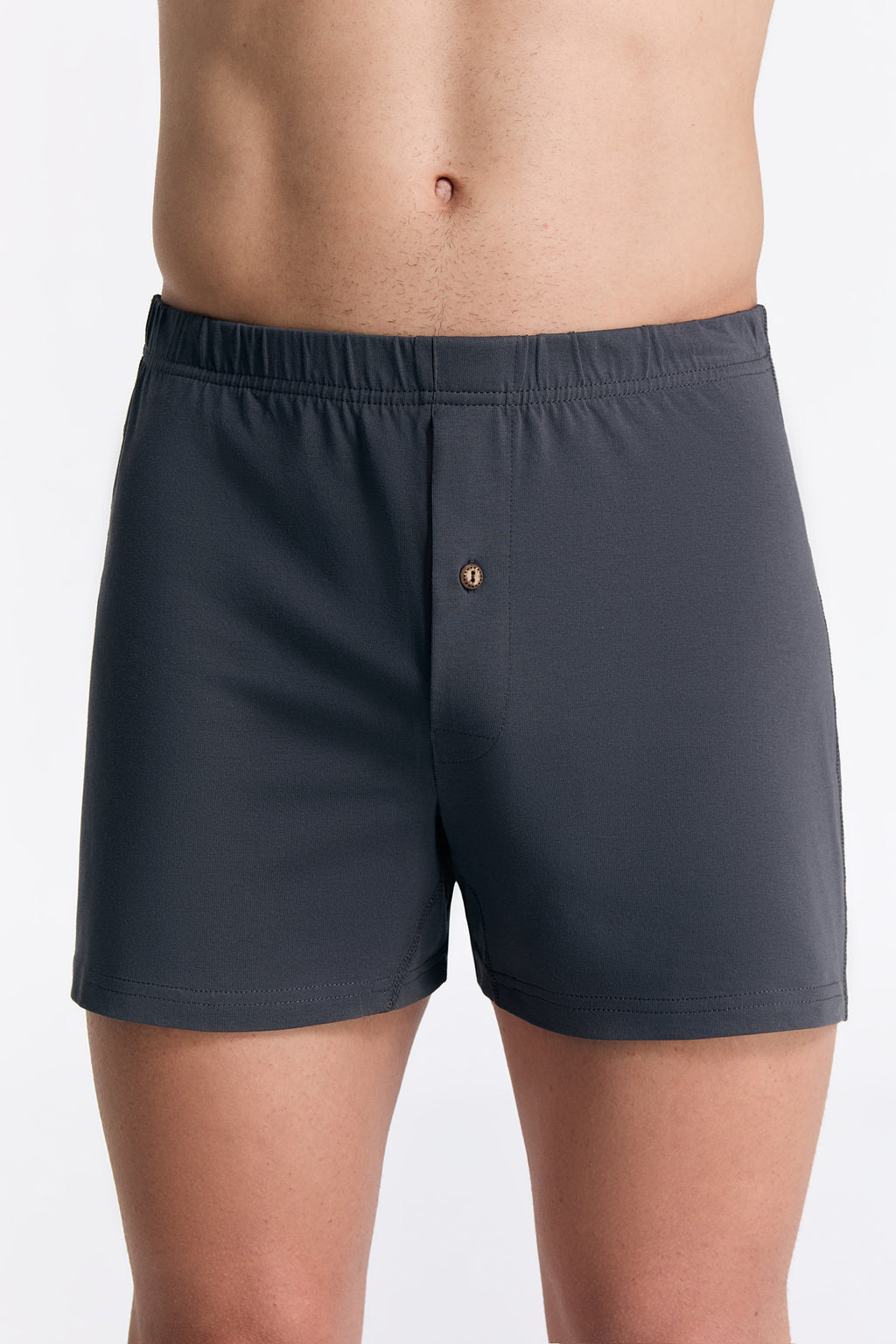 Men's organic cotton boxer shorts in Anthracite Melange, front view on model