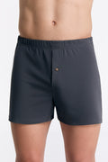 Men's organic cotton boxer shorts in Anthracite Melange, front view on model