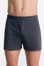 Men's organic cotton boxer shorts in Anthracite Melange, front view on model