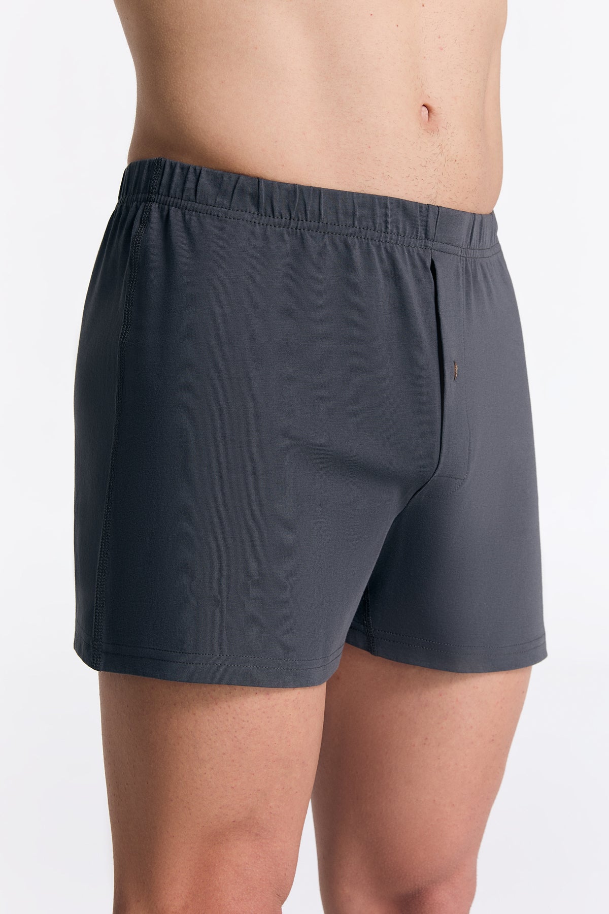Men's organic cotton boxer shorts in Anthracite Melange, side view on model