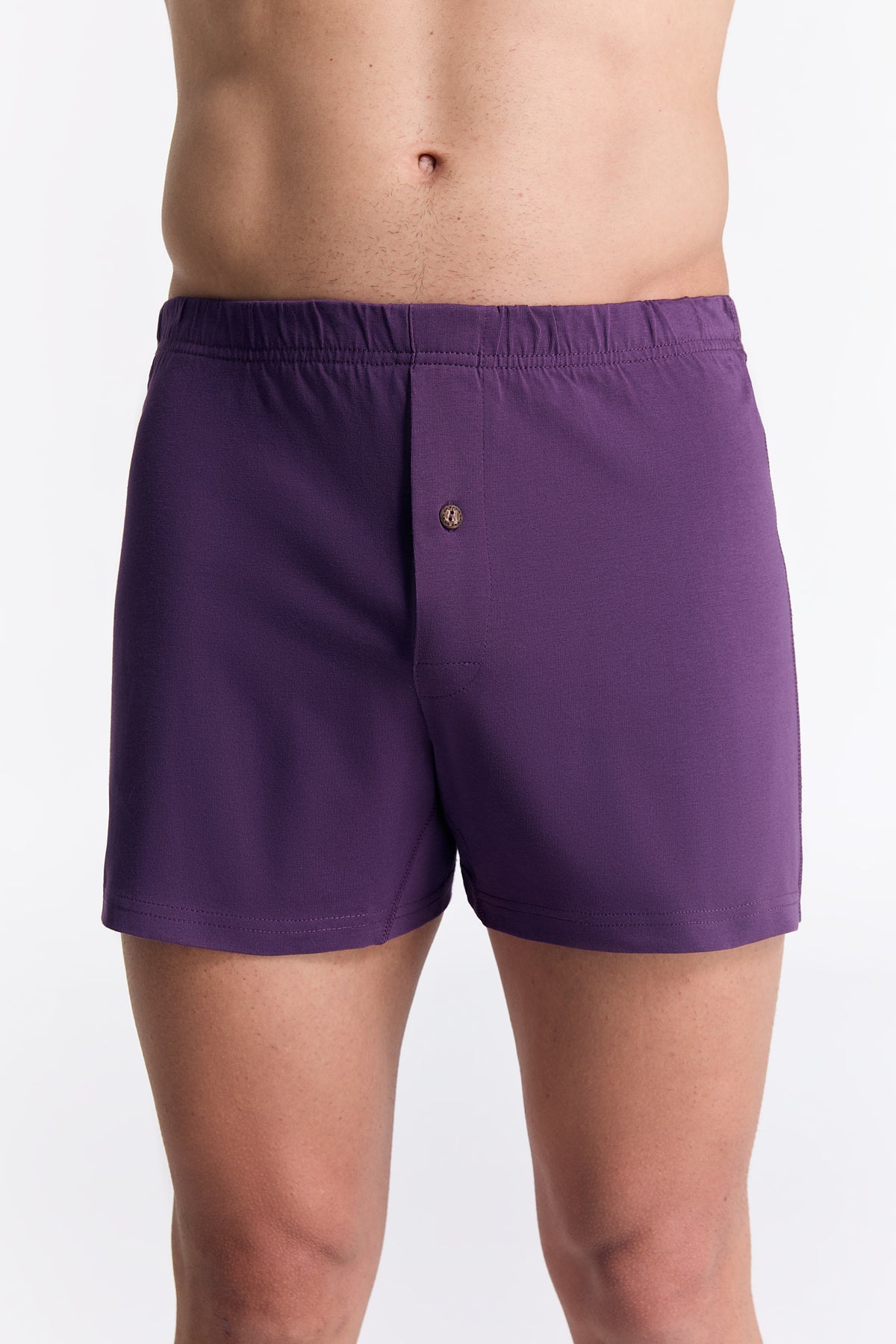 Men's organic cotton boxer shorts in Weinbeere, front view on model