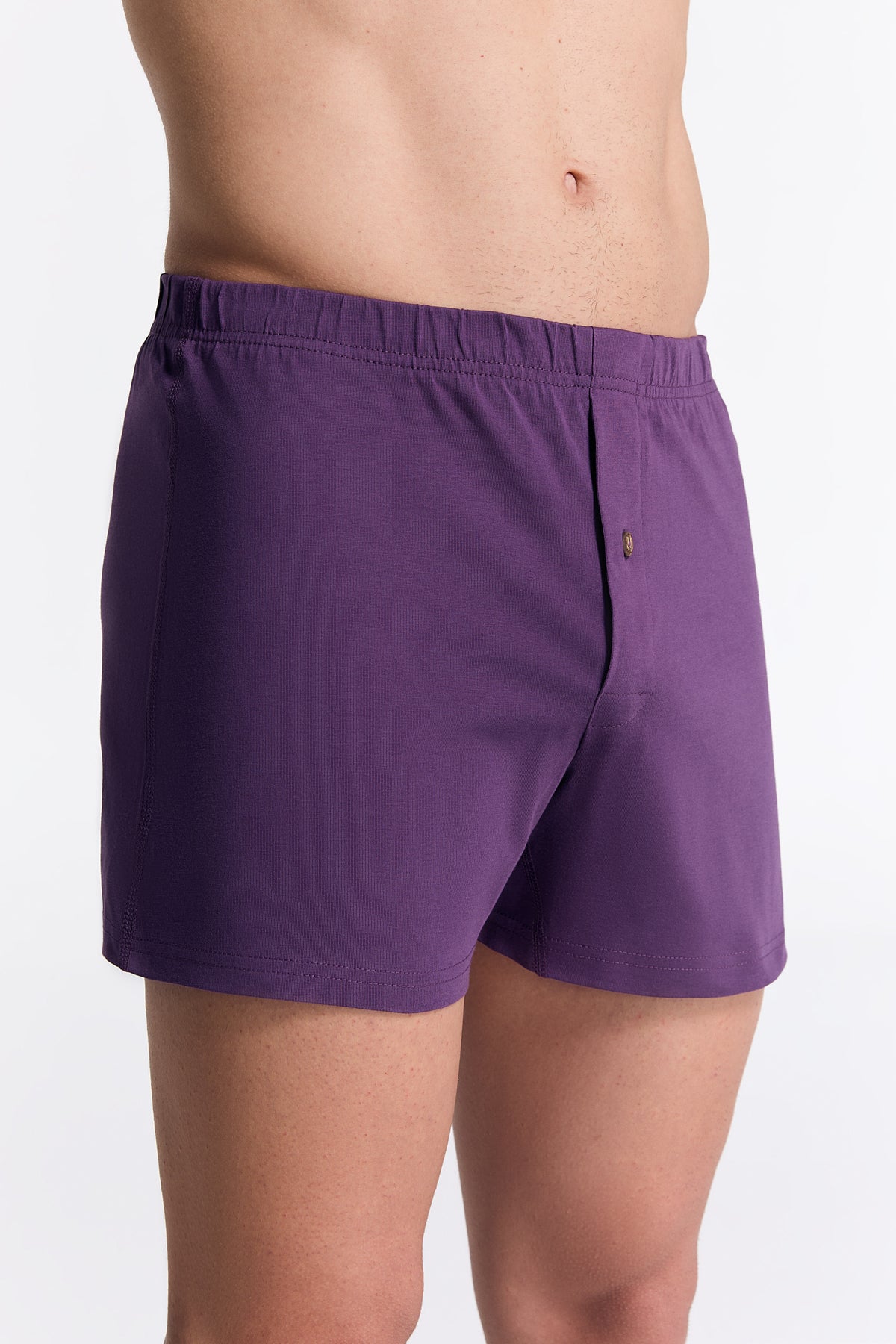 Men's organic cotton boxer shorts in Weinbeere, side view on model