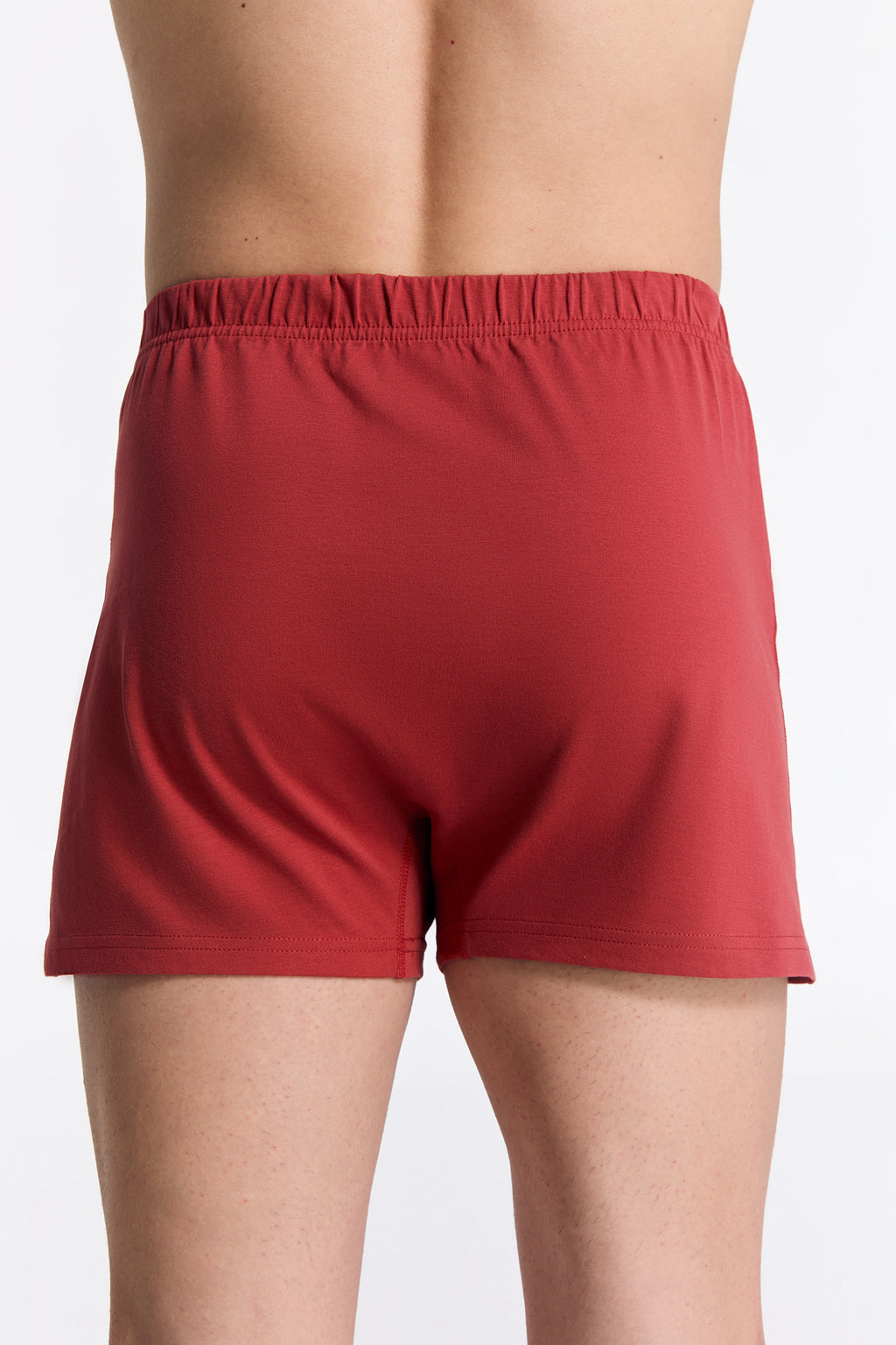 Men's organic cotton boxer shorts in red, back view on model