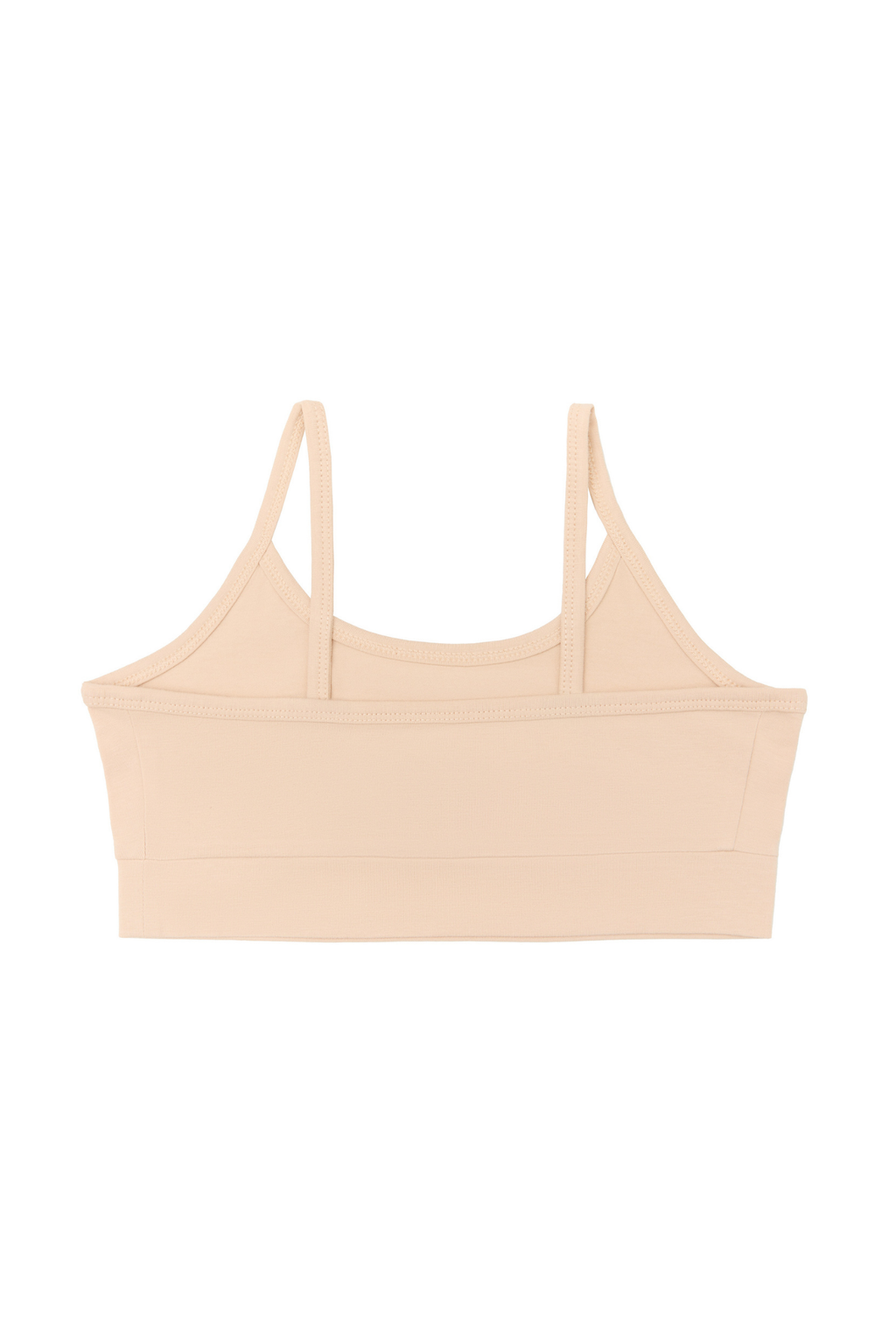 Girls' organic cotton bralette in beige, laid flat, reverse side