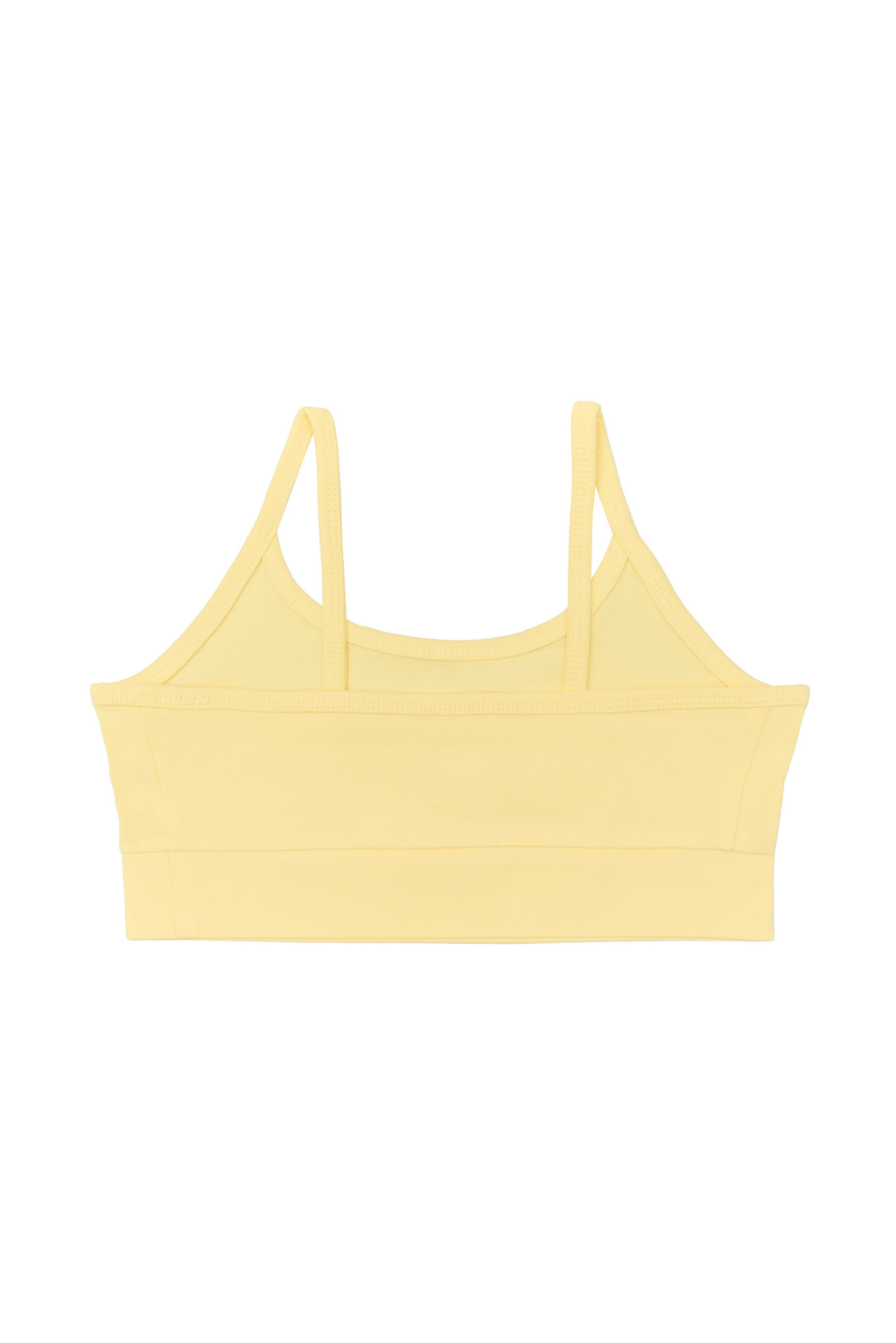 Girls' organic cotton bralette in lime, laid flat, reverse side