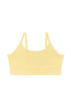 Girls' organic cotton bralette in lime, laid flat, reverse side