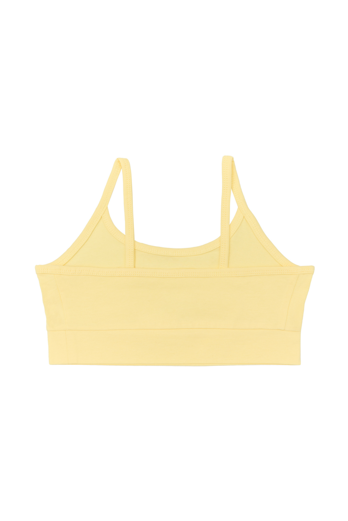 Girls' organic cotton bralette in lime, laid flat, reverse side