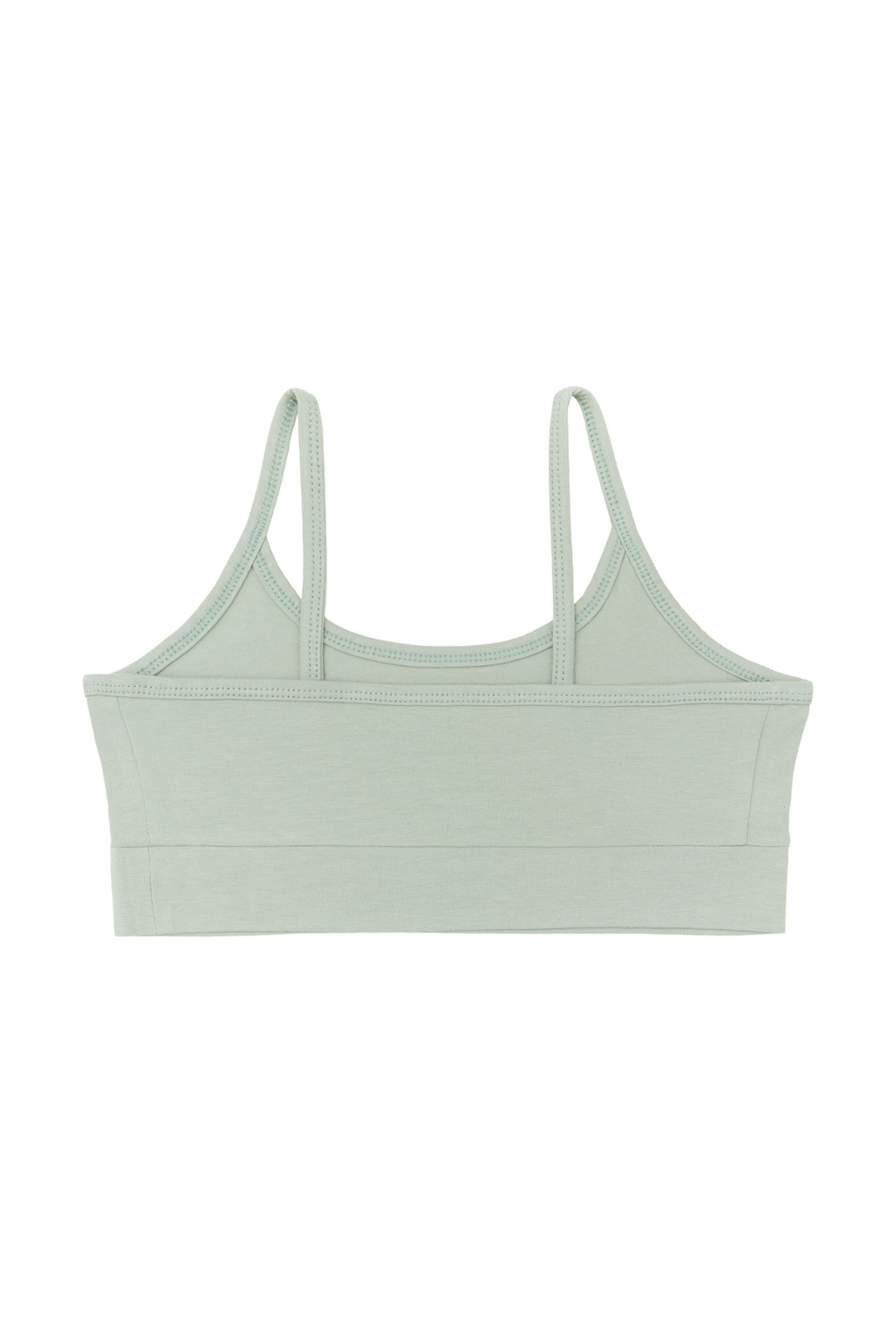 Girls' organic cotton bralette in Iceberg Green, laid flat, reverse side