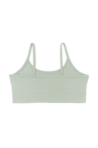 Girls' organic cotton bralette in Iceberg Green, laid flat, reverse side