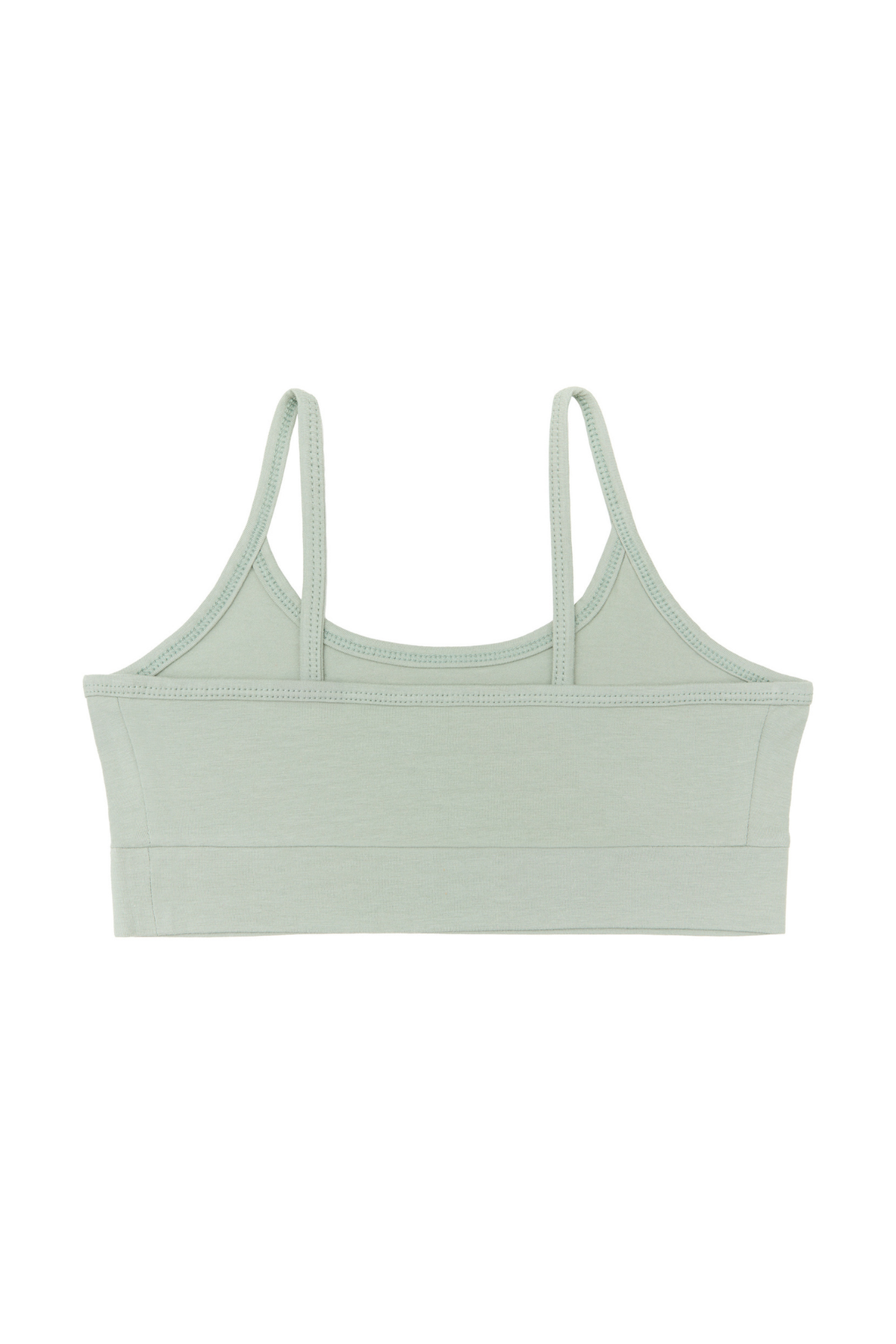Girls' organic cotton bralette in Iceberg Green, laid flat, reverse side