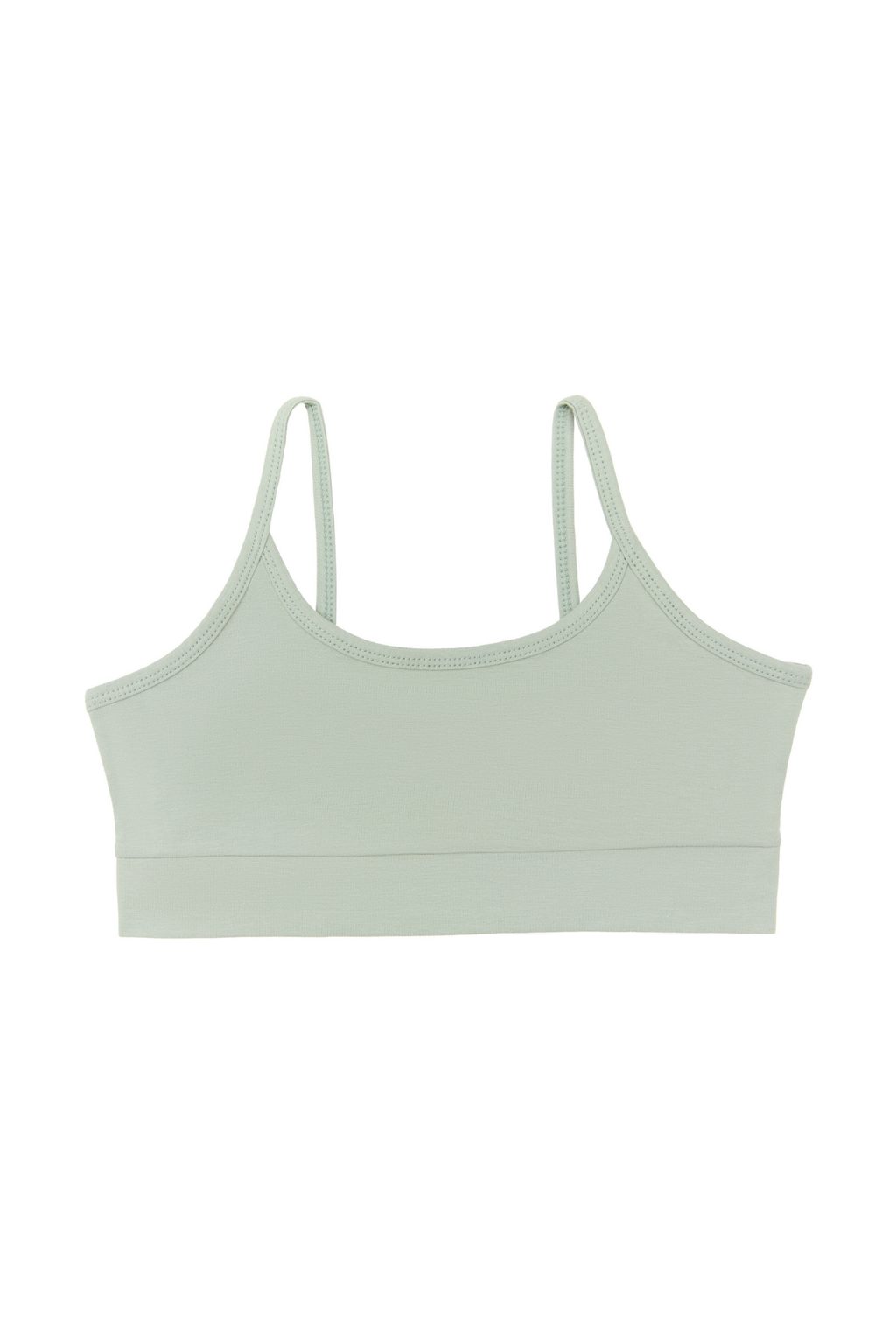 Girls' organic cotton bralette in Iceberg Green, laid flat
