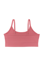 Girls' organic cotton bralette in Faded Rose, laid flat, reverse side