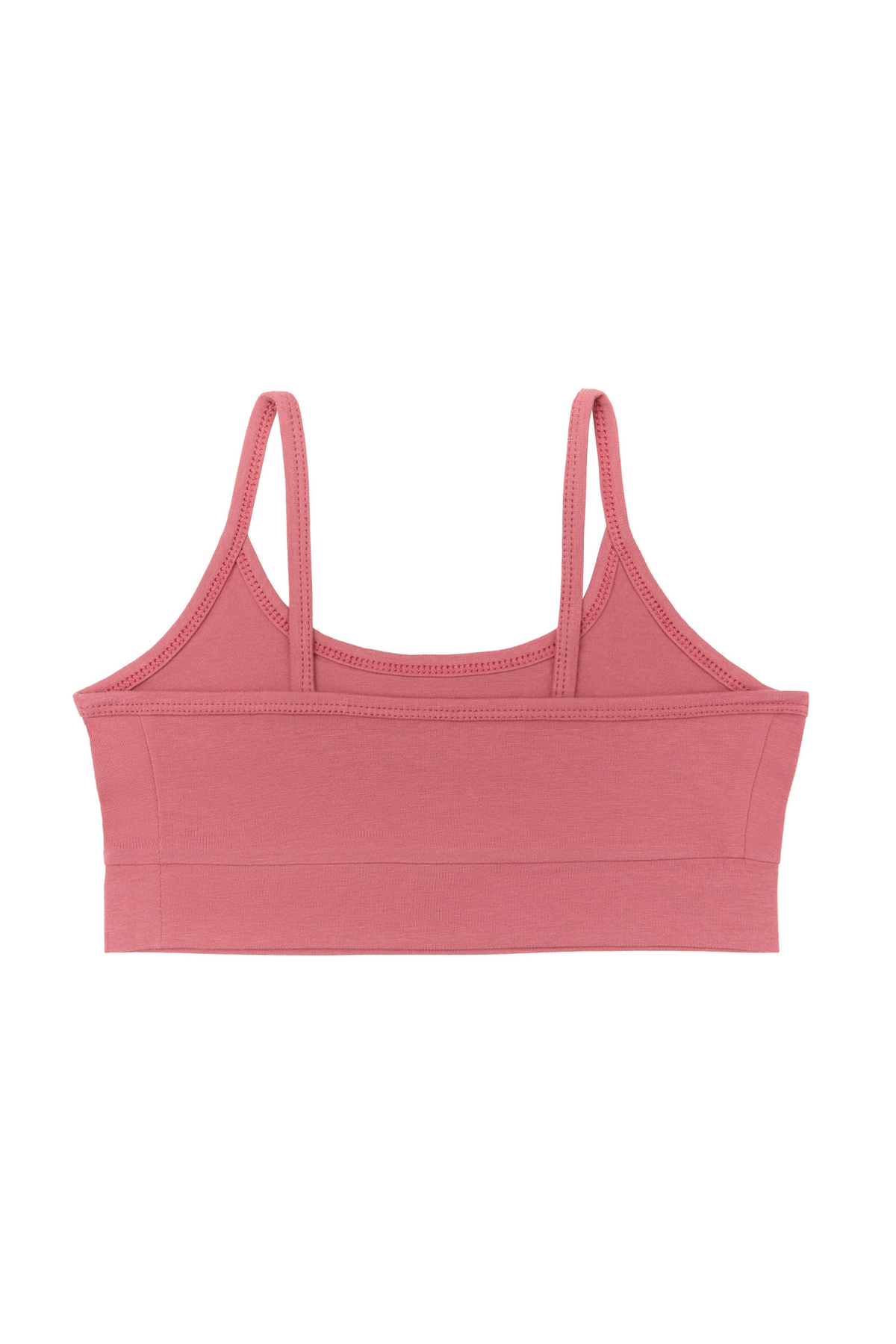 Girls' organic cotton bralette in Faded Rose, laid flat, reverse side
