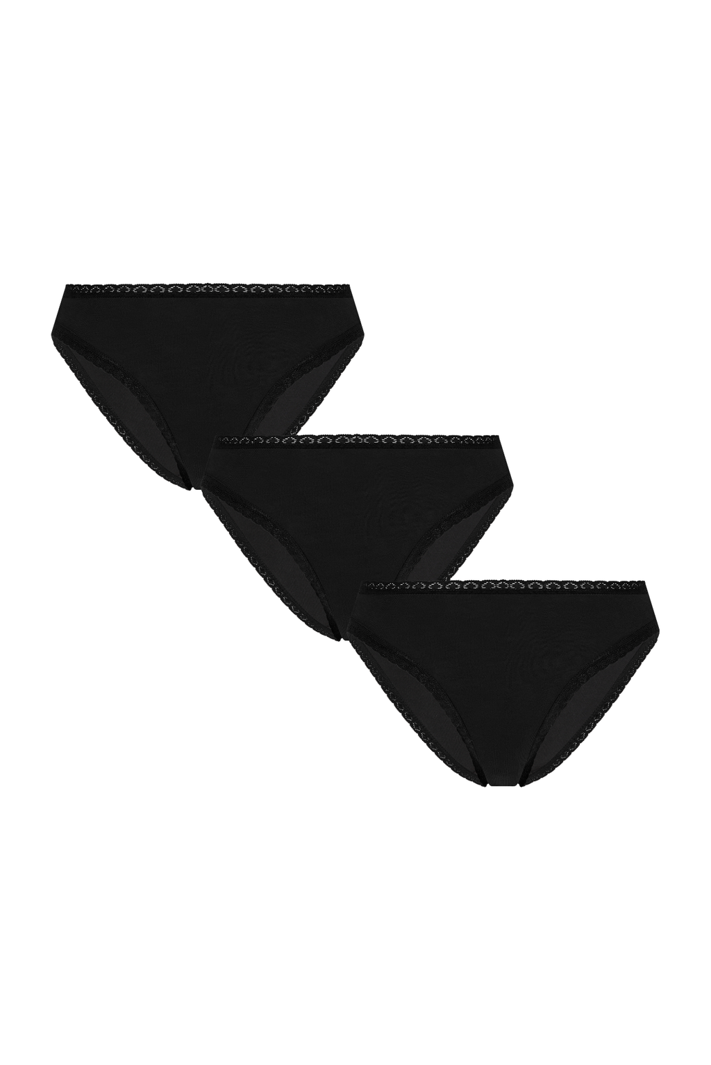 Women's organic cotton lace briefs 3-pack in black, laid flat