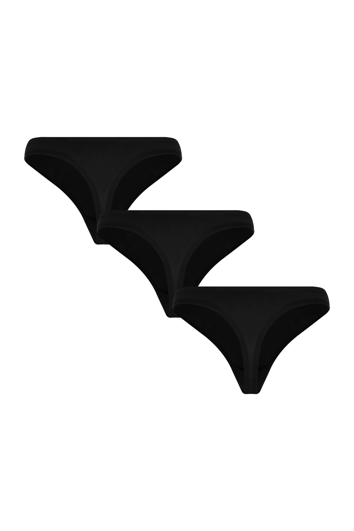 Women's organic cotton thong 3-pack in black, laid flat