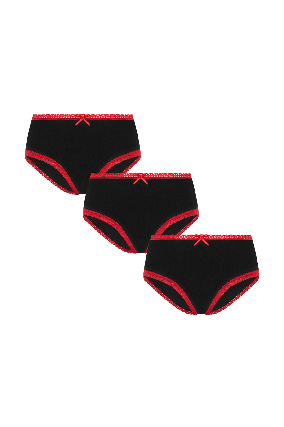 Women's organic cotton hipster with lace trim and bow 3-pack in black, laid flat