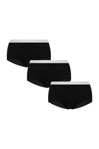 Women's organic cotton boyshorts 3-pack in black, laid flat