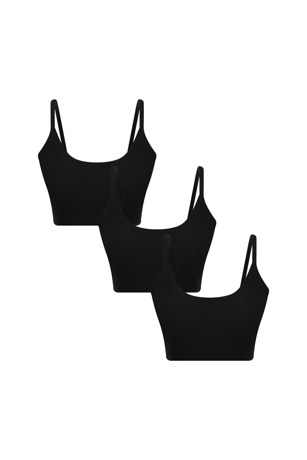 Women's organic cotton bralette 3-pack in black, laid flat