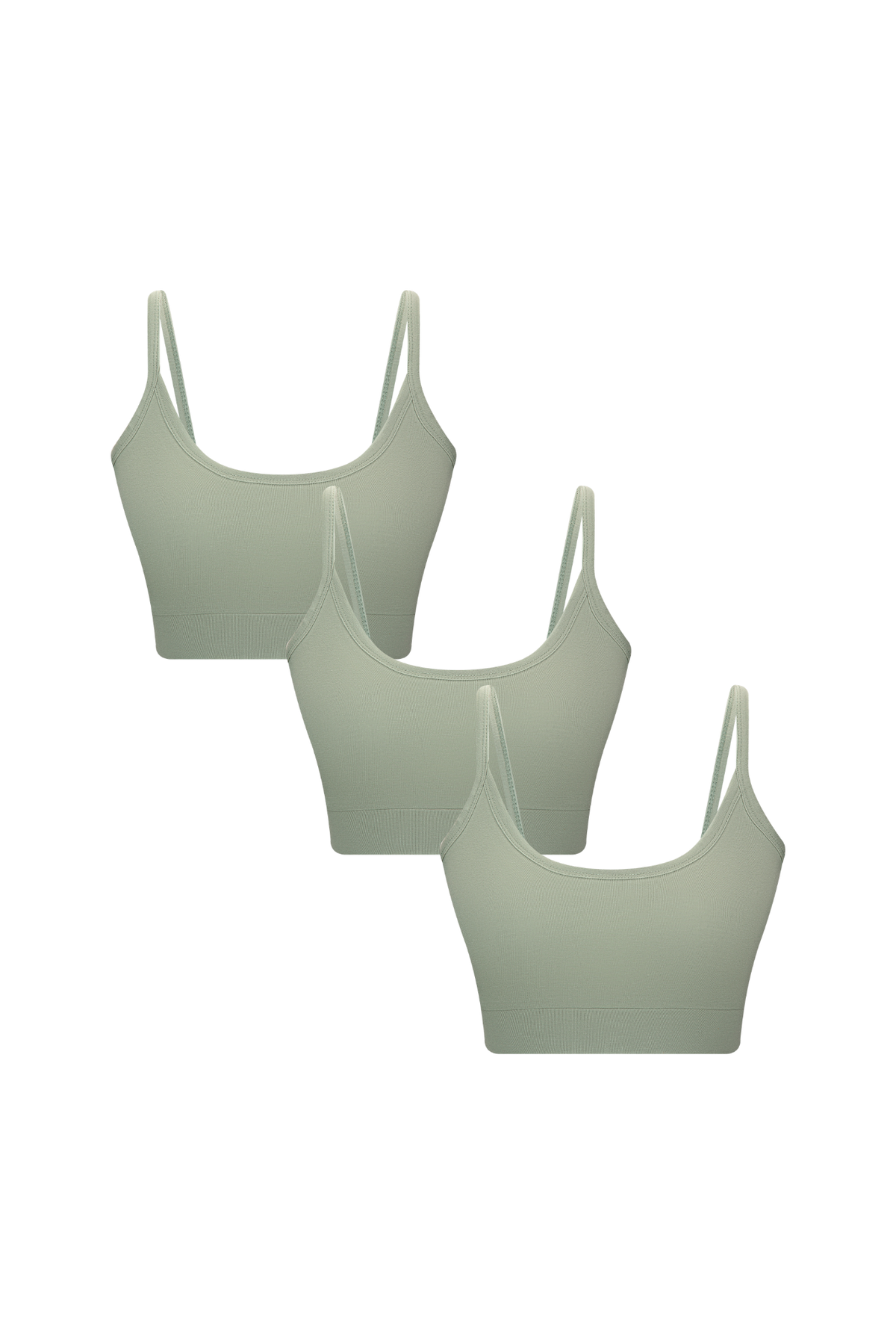 Women's organic cotton bralette 3-pack in Iceberg Green, laid flat