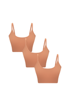 Women's organic cotton bralette 3-pack in Café Crema, laid flat