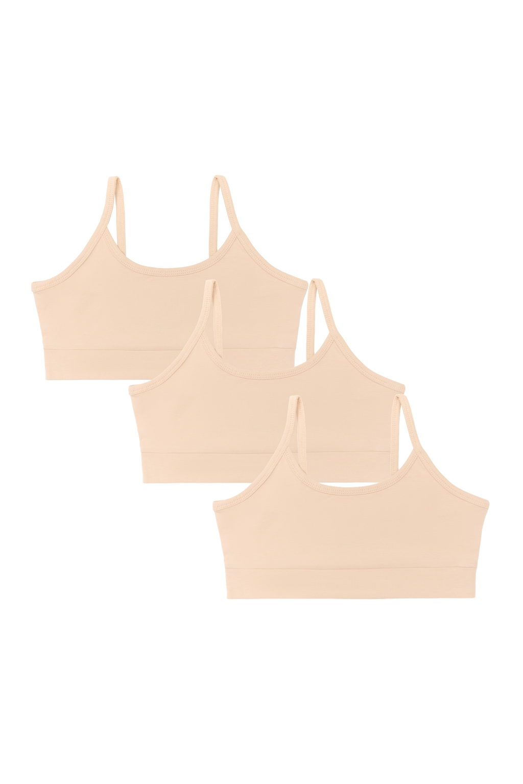 Girls' organic cotton bralette 3-pack in beige, laid flat